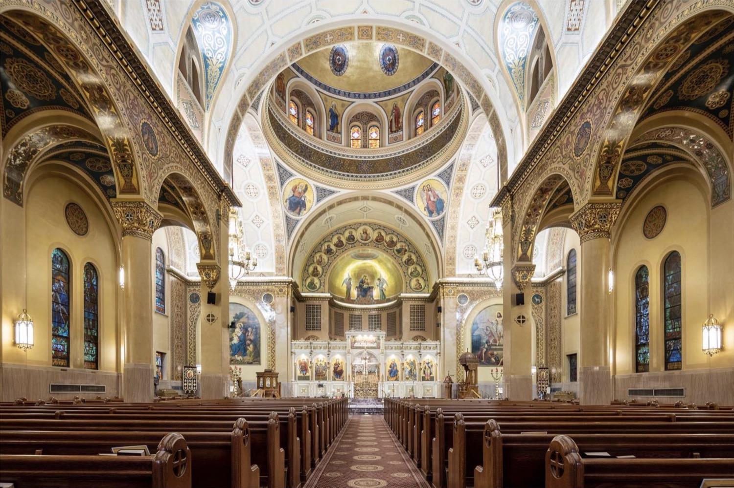 Rendering of the new St. Mary & St. Verena church interior — gold mosaics, domes, and iconostasis